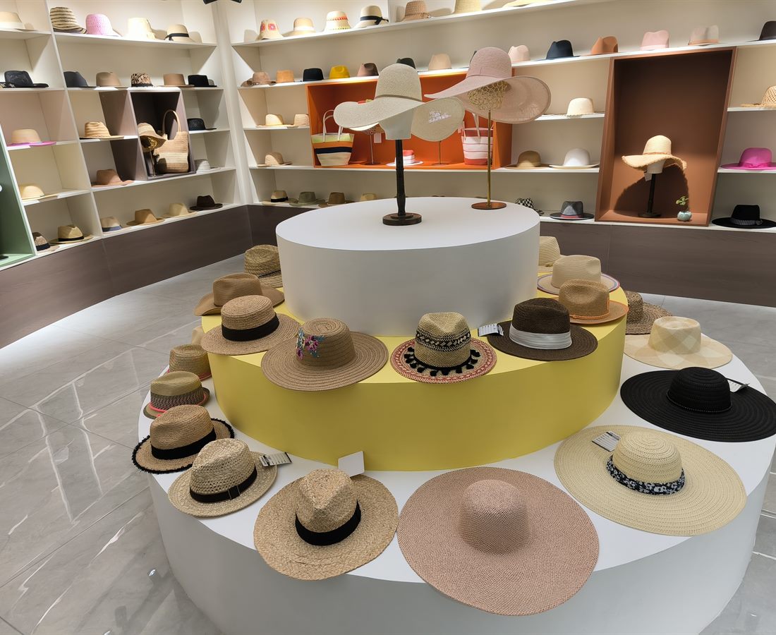 Custom straw hats displayed in a showroom