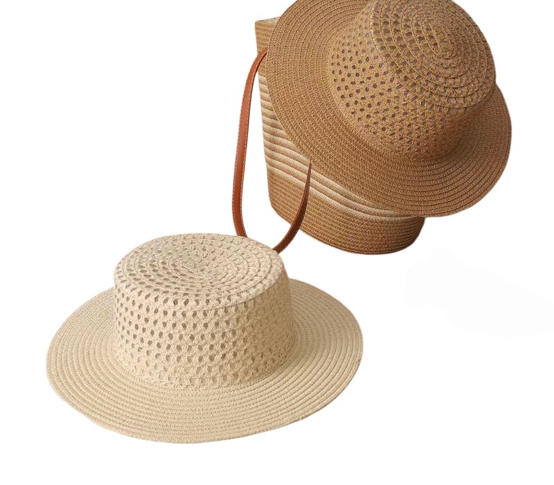 Crochet boater beach hats in two tones on a leather strap