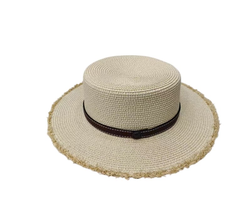Boater hat with fringed brim edge and leather band