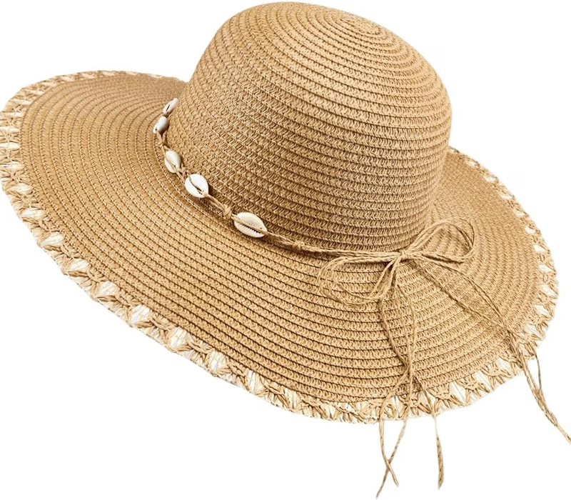 Wide brim beach hat with shell trim