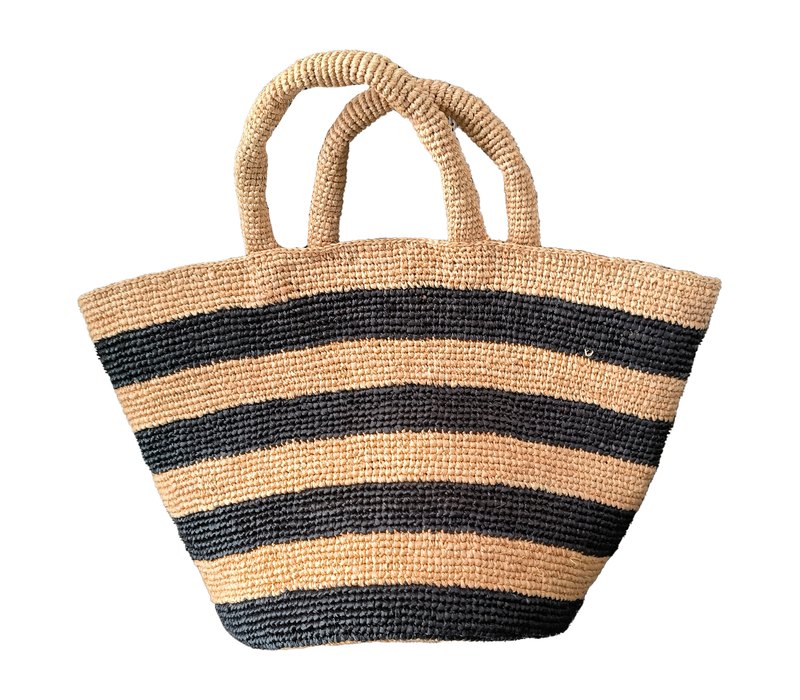 Striped woven straw tote bag with rolled handles